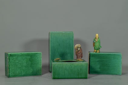 Group of 6 Antique Chinese Export Porcelain Green Monochrome Glaze Opium Pillows & Tissue Box