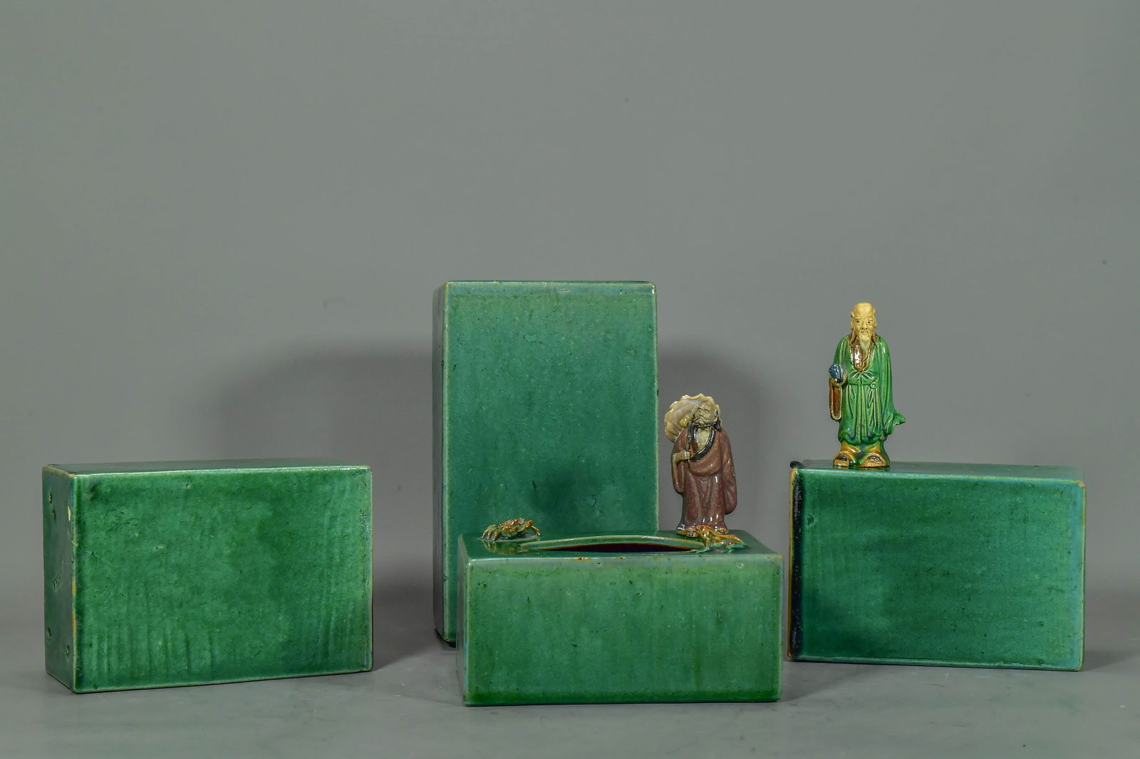 Group of 6 Antique Chinese Export Porcelain Green Monochrome Glaze Opium Pillows & Tissue Box (1 of 6)