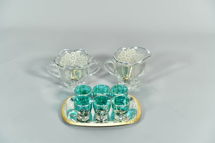 Lot of 9 Vintage Clear & Blue Teal Glass Creamer & Sugar Bowl & Mini Glasses w/Sterling Silver