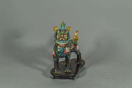 18th C. Fine Vintage Chinese Cloisonne Enamel Foo Dog Figure Statue Fitting on Wooden Base