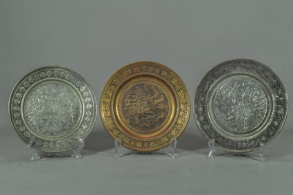 Lot of 3 Antique Persian Middle Eastern Hand Engraved Copper & Silver Plating Wall Plates