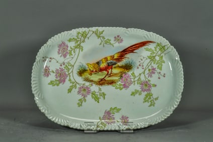 Large Fine Vintage Pink Floral & Pheasant Porcelain Oval Serving Tray, Carlsbad China, Austria