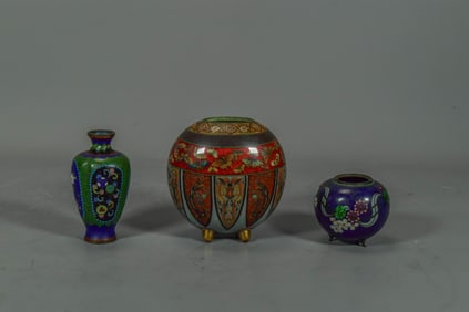 Lot of 3 Fine Antique Japanese Meiji Cloisonne Enamel Bronze Vase & Footed Incense Burners