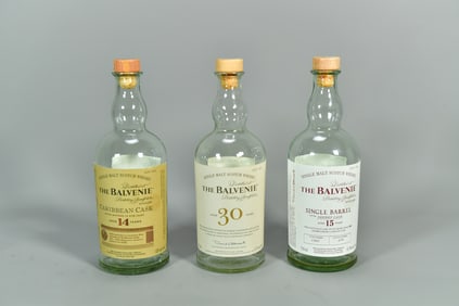Three THE BALVENIE Single Malt Scotch Whisky Empty Bottles, Aged 14,15 & 30 Years
