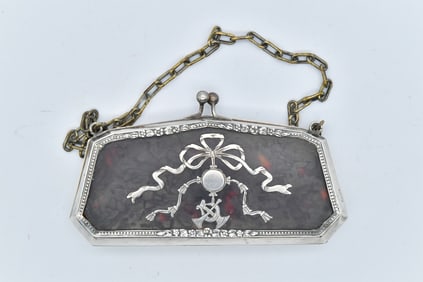Lovely Antique Ladies Sterling Silver Miniature Coin Purse (Chain Uncertainty) w/Turtle Shell Inlay,