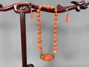 Beautiful Antique Chinese Hand-Carved Red Coral Beads Necklace w/Silver Pendant & Floral Drop Dangle