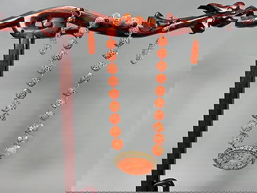 Beautiful Antique Chinese Hand-Carved Red Coral Beads Necklace w/Silver Pendant & Floral Drop Dangle (1 of 12)