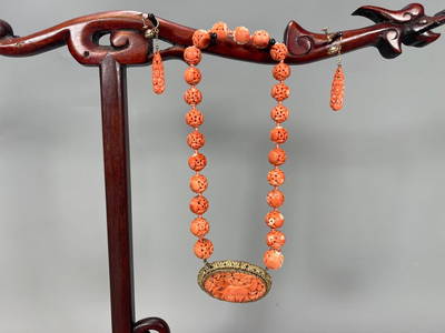 Beautiful Antique Chinese Hand-Carved Red Coral Beads Necklace w/Silver Pendant & Floral Drop Dangle