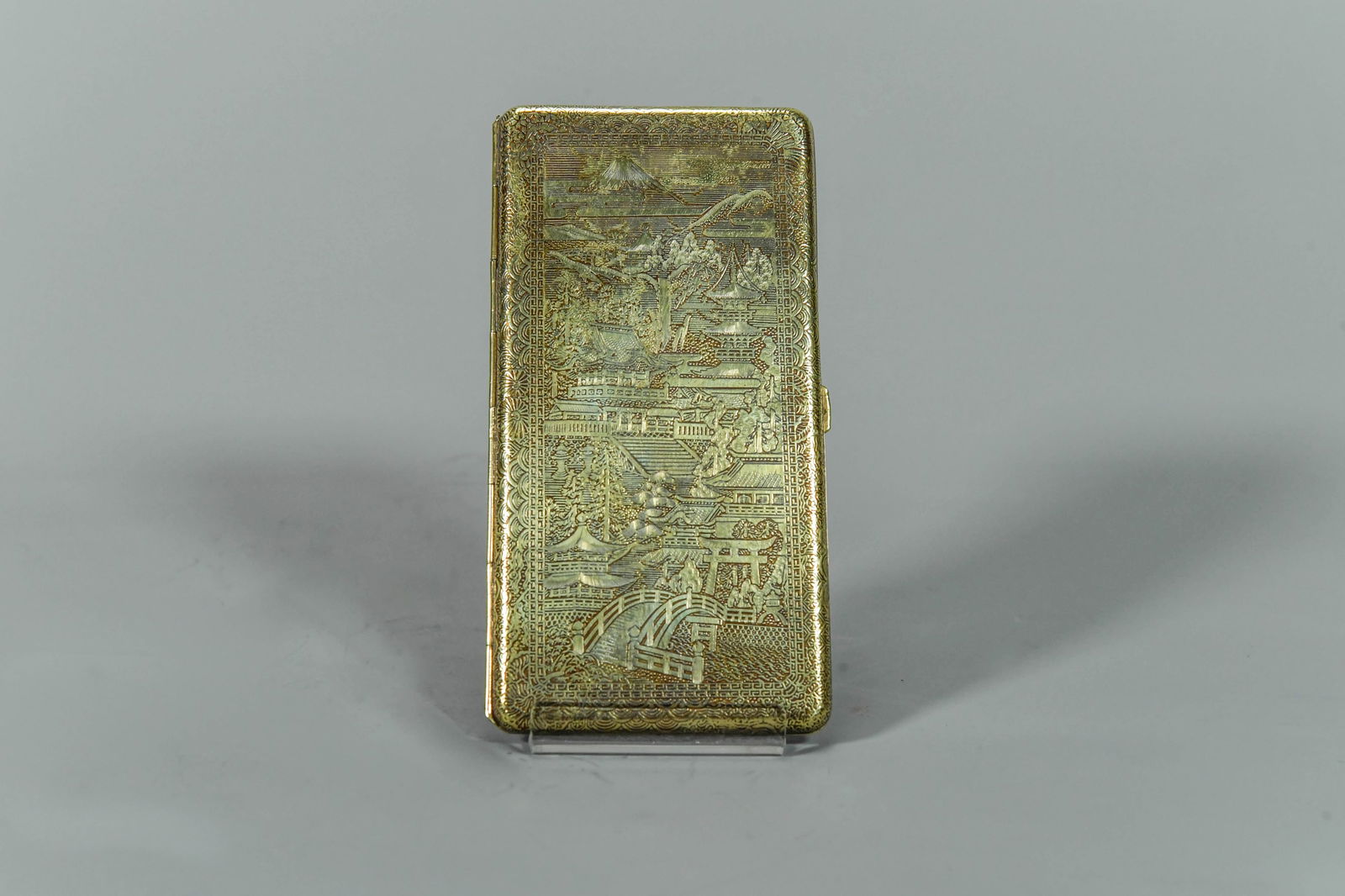 Exquisite Antique Japanese Meiji Period Gold Bronze Metal Carving Cigarette Case w/Mt. Fuji & Dragon (1 of 6)