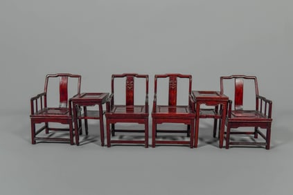 Two Sets of Chinese Wood Miniature Table & Chair Display Furniture