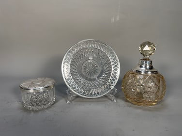 Set of 3 Vintage Antique Crystal Glass Plate, Cosmetic Jar & Perfume Bottle w/Sterling Silver
