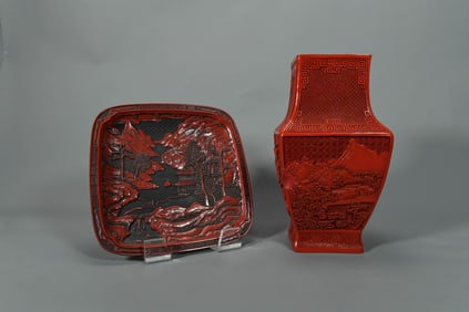Set of 2 Vintage Asian Red Cinnabar Lacquer Vase & Fruit Plate
