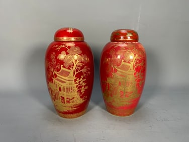 Pair of Antique Carlton Ware Rouge Royale & Gilt Porcelain Ginger Jars by W&R, Made in England