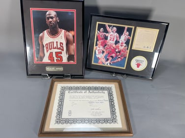 Set of 3 Michael Jordan Signed Photo w/Certificate of Authenticity & Chicago Bulls Original Art