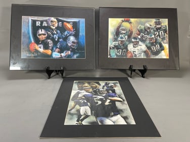 Three Vintage NFL Football Sports Paintings