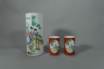 Lot of 3 Antique Chinese Famille Rose Porcelain Hat Stand & Brush Pots