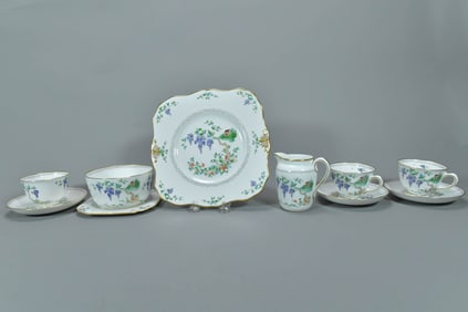 Group of 10 Vintage Tuscan China "Plant" Pattern Teacup, Saucer, Soup Bowl, Creamer & Plate