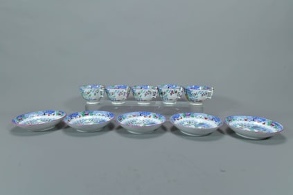 Set of 5 Antique 19th Century English Porcelain Tea Cups & Saucers
