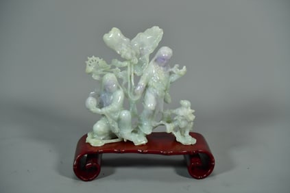Vintage Chinese Hand-Carved Natural Green & Purple Jade Figurines Statue