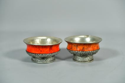 Two Old Tibetan Traditionally Hand-Hammered Silver Metal Overlay Wooden Tea Bowls