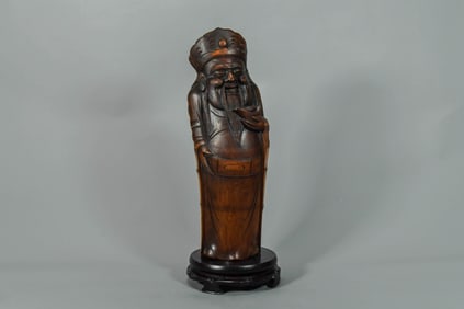 Antique Chinese Hand-Carved Bamboo Statue of A Chinese God of Good Fortune