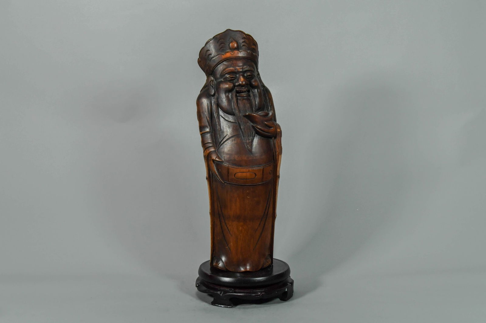 Antique Chinese Hand-Carved Bamboo Statue of A Chinese God of Good Fortune: Large Antique Chinese Hand-Carved Bamboo Statue of A Chinese God of Good Fortune. 17"1/2H x 6"W x 4"1/2D; Generally good, with minor wear and age-related cracks consistent with age. (Stand Not Include