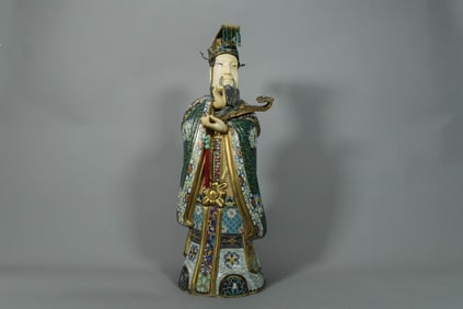 Large Exquisite Antique Chinese Cloisonne Bronze & Enamel Emperor Figure Statue w/Bone Carved Face &