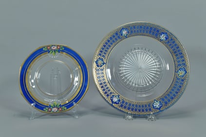 Two Antique Bohemian Hand-Painted Cobalt Blue Gold Enameled Floral Glass Plates, 19th C