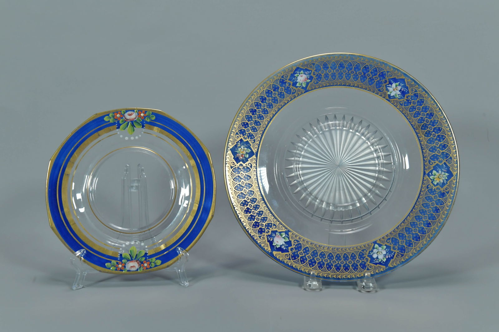 Two Antique Bohemian Hand-Painted Cobalt Blue Gold Enameled Floral Glass Plates, 19th C (1 of 7)