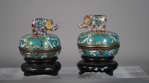 Pair of Ardleigh Elliot Vintage Chinese Cloisonne Elephant Trinket Music Boxes