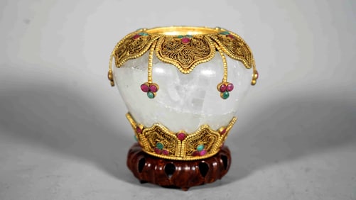 Superfine Hand Carved Tibetan Rock Crystal Powerful Bowl with Embedded Gemstones