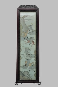 Beautiful Antique Chinese Kesi/Textile Silk Battle Scene Panel w/Rosewood Carved Frame