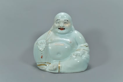 Large Antique Chinese Gilt White Porcelain Sitting Laughing Buddha Figure Statue w/Maker Stamped