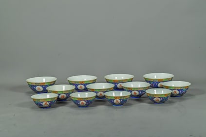 Group of 12 "Jiangxi" Mark Vintage Chinese Famille Rose Cobalt Blue Glaze Porcelain Bowls