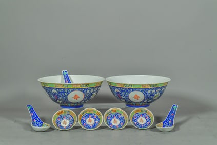 Group of 9 "Jiangxi" Mark Vintage Chinese Famille Rose Cobalt Blue Glaze Porcelain Bowls, Saucers &