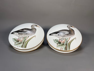 Pair of Vintage Anna Weatherley Designs Round Hand-Painted Covered Porcelain Boxes