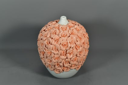 Stunning Elegance Vintage Handmade Raised Embossed Pink Rose Flower Porcelain Vase