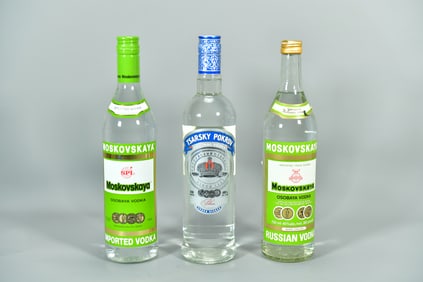 Three of 750ml Russian Vodka Bottled, MOSKOVSKAYA & TSARSKY POKROV, Fully Sealed