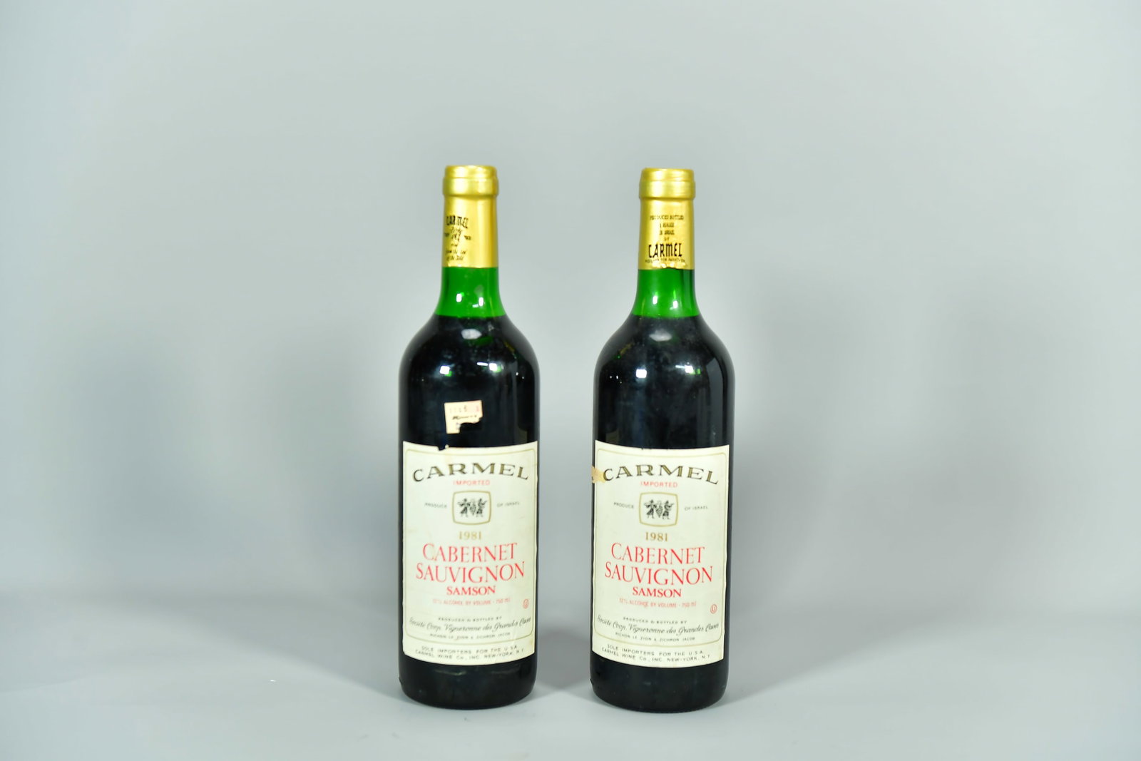 Two Bottled 1981 Israel Alcohol by CABERNET SAUVIGNON SAMSON, Fully Sealed: Two Bottled 1981 Israel Alcohol by CABERNET SAUVIGNON SAMSON. 12% alc./vol, 750ml; Fully sealed, (Stand Not Included)