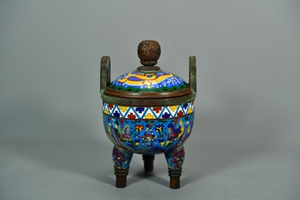 Antique Chinese Cloisonne Enamel Tripod Censer w/Qianlong Mark