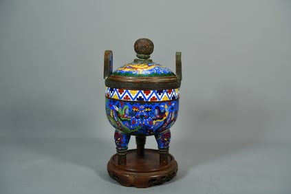 Antique Chinese Cloisonne Enamel Tripod Censer w/Qianlong Mark