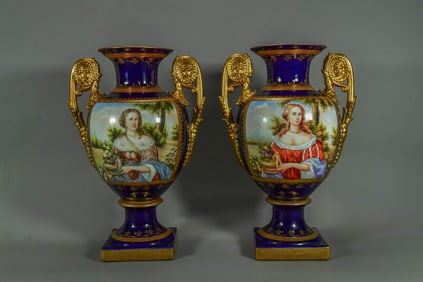 Pair of Signed Vintage Antique Royal Germany Hand-Painted Cobalt Gilt Enameled Porcelain Handle Urn