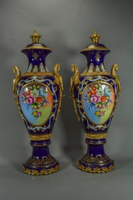 Pair of Signed Vintage Antique Royal Germany Hand-Painted Cobalt Gilt Enameled Porcelain Handle Urn