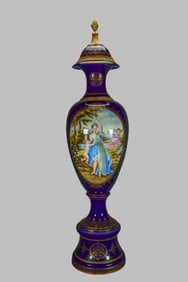 Large Signed Vintage Antique Royal Germany Hand-Painted Portrait Cobalt Gilt Enameled Porcelain Urn