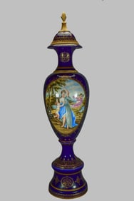 Large Signed Vintage Antique Royal Germany Hand-Painted Portrait Cobalt Gilt Enameled Porcelain Urn