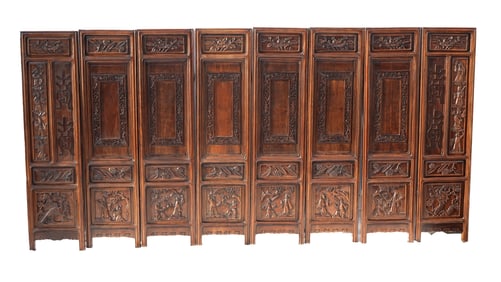 Antique Chinese Hand-Carved Eight Panels Rosewood Screens
