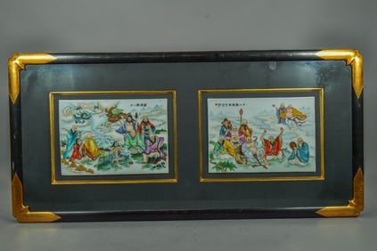 Framed Vintage Chinese Hand-Painted Porcelain Plaque w/Eighteen Arhats