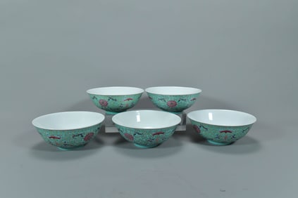 Lot of 5 Jingdezhen Vintage Chinese Famille Rose Turquoise Glaze Porcelain Bowls