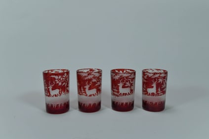 Group of 4 Antique Bohemian Etched Ruby Red Glasses w/Deer Scene, 19th Century