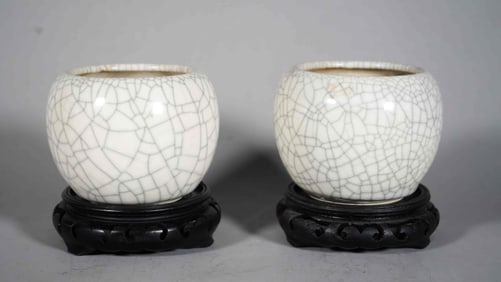 Pair of Vintage White Crackle Glaze Porcelain Brush Bowls